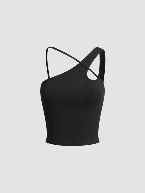 Asymmetric Black Halter Tank Top