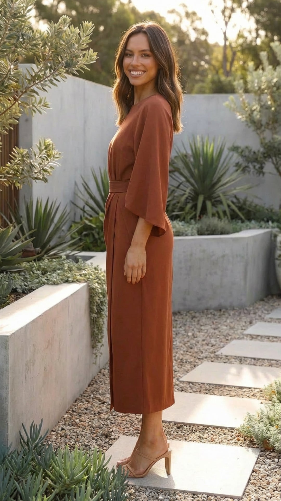 Belted Formal Midi Dress with Flowing Sleeves