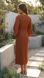 Belted Formal Midi Dress with Flowing Sleeves
