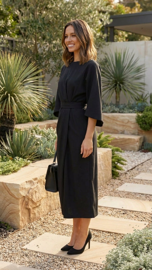 Belted Formal Midi Dress with Flowing Sleeves