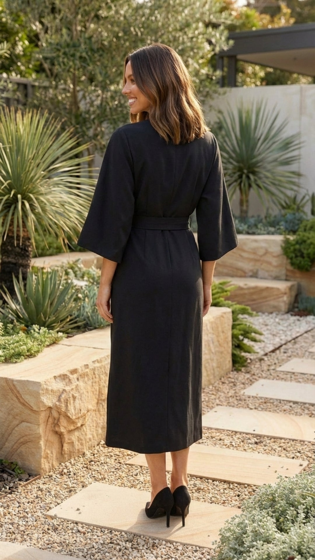 Belted Formal Midi Dress with Flowing Sleeves