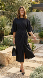 Belted Formal Midi Dress with Flowing Sleeves