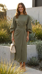 Belted Formal Midi Dress with Flowing Sleeves