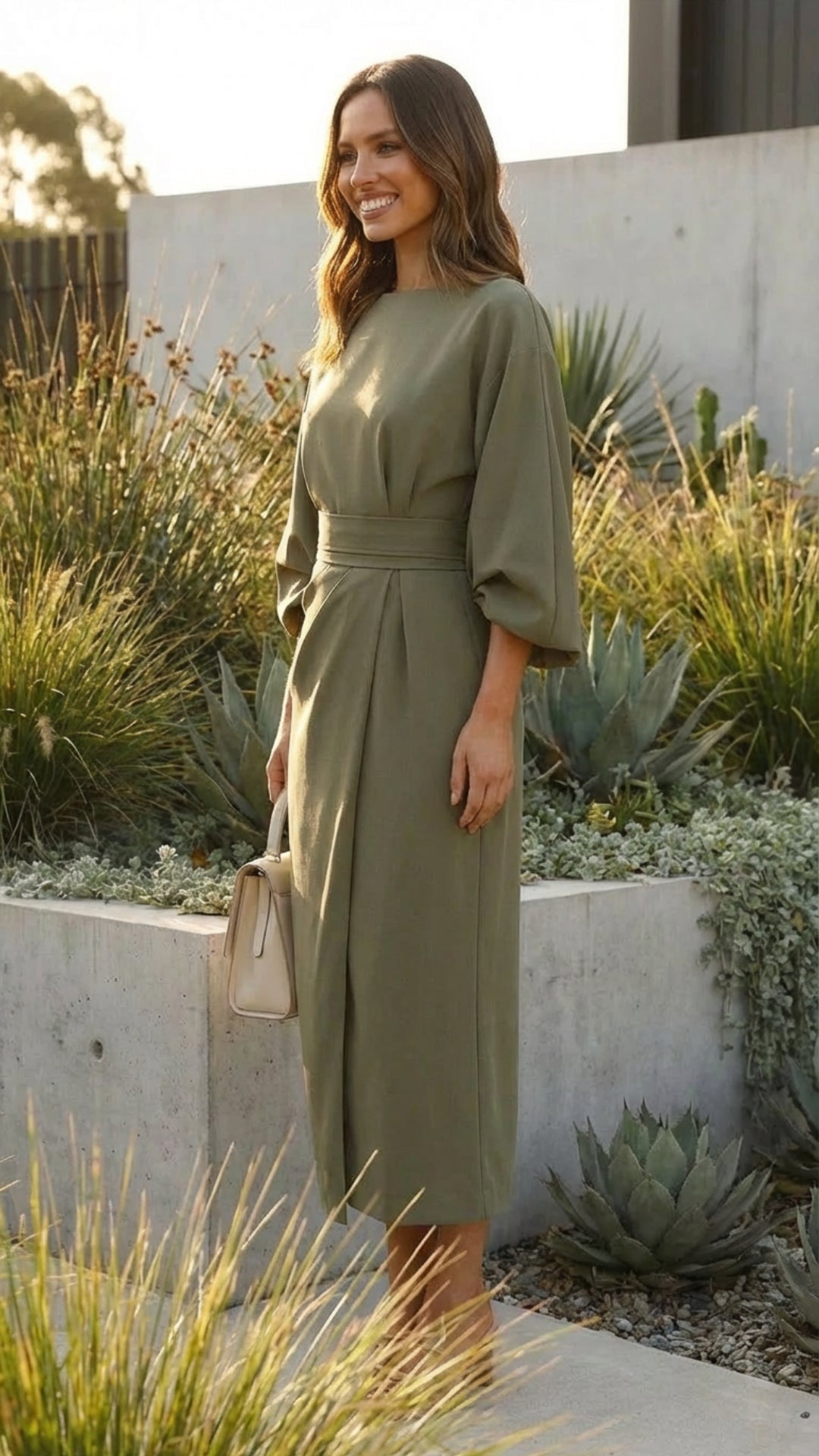 Belted Formal Midi Dress with Flowing Sleeves