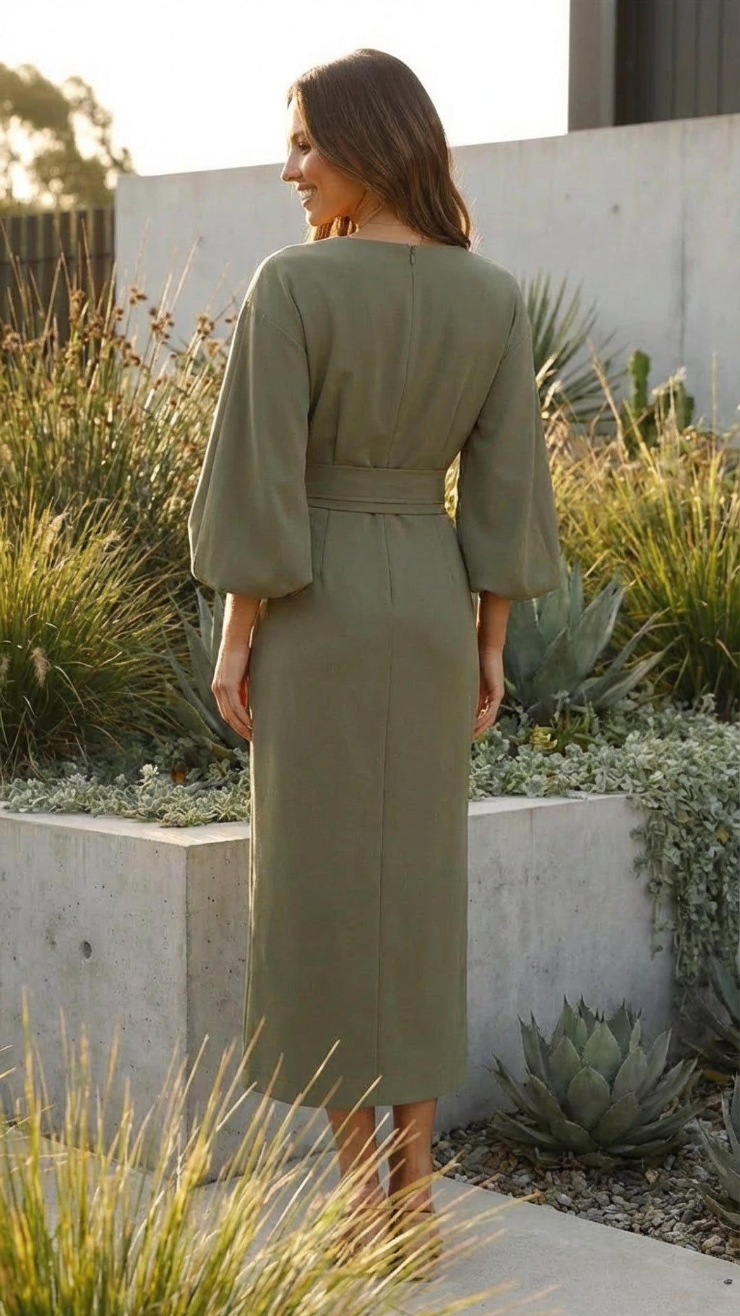 Belted Formal Midi Dress with Flowing Sleeves