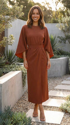 Belted Formal Midi Dress with Flowing Sleeves