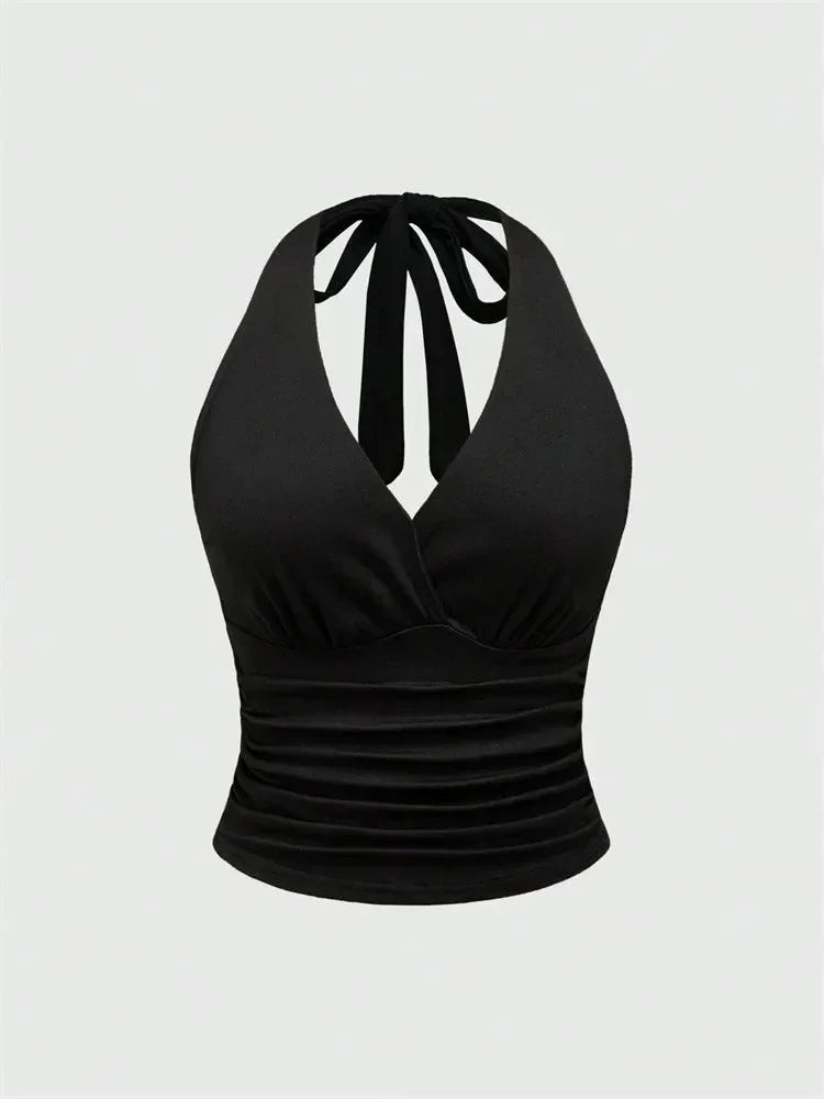 Black Halter V-Neck Ruched Backless Crop Top