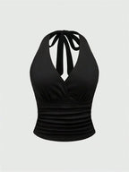 Black Halter V-Neck Ruched Backless Crop Top