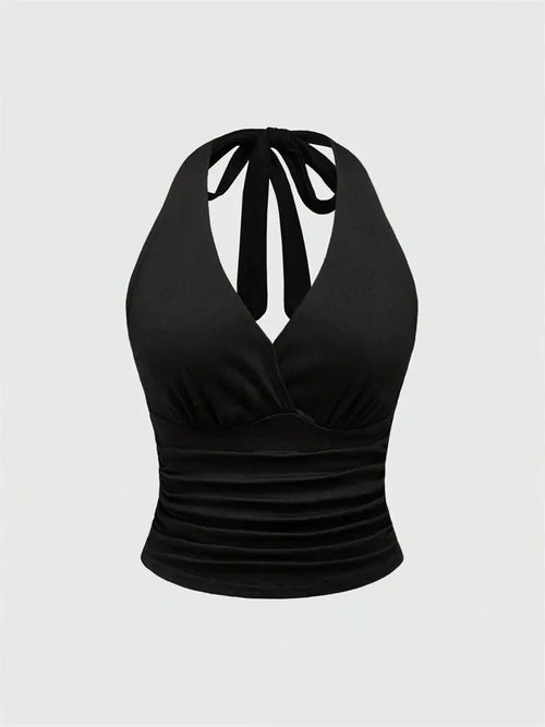 Black Halter V-Neck Ruched Backless Crop Top