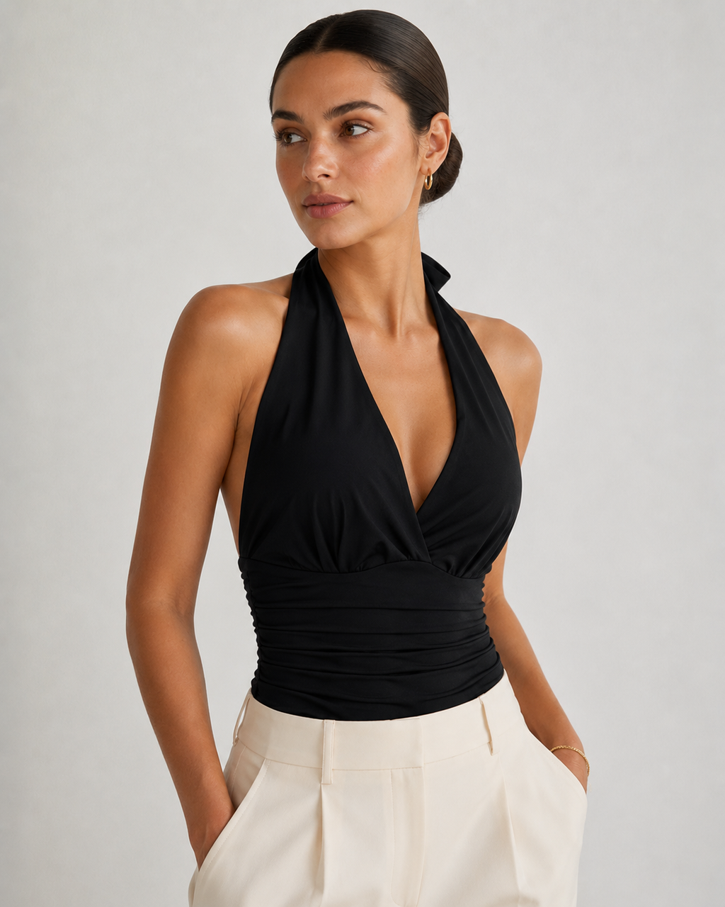 Black Halter V-Neck Ruched Backless Crop Top