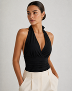Black Halter V-Neck Ruched Backless Crop Top