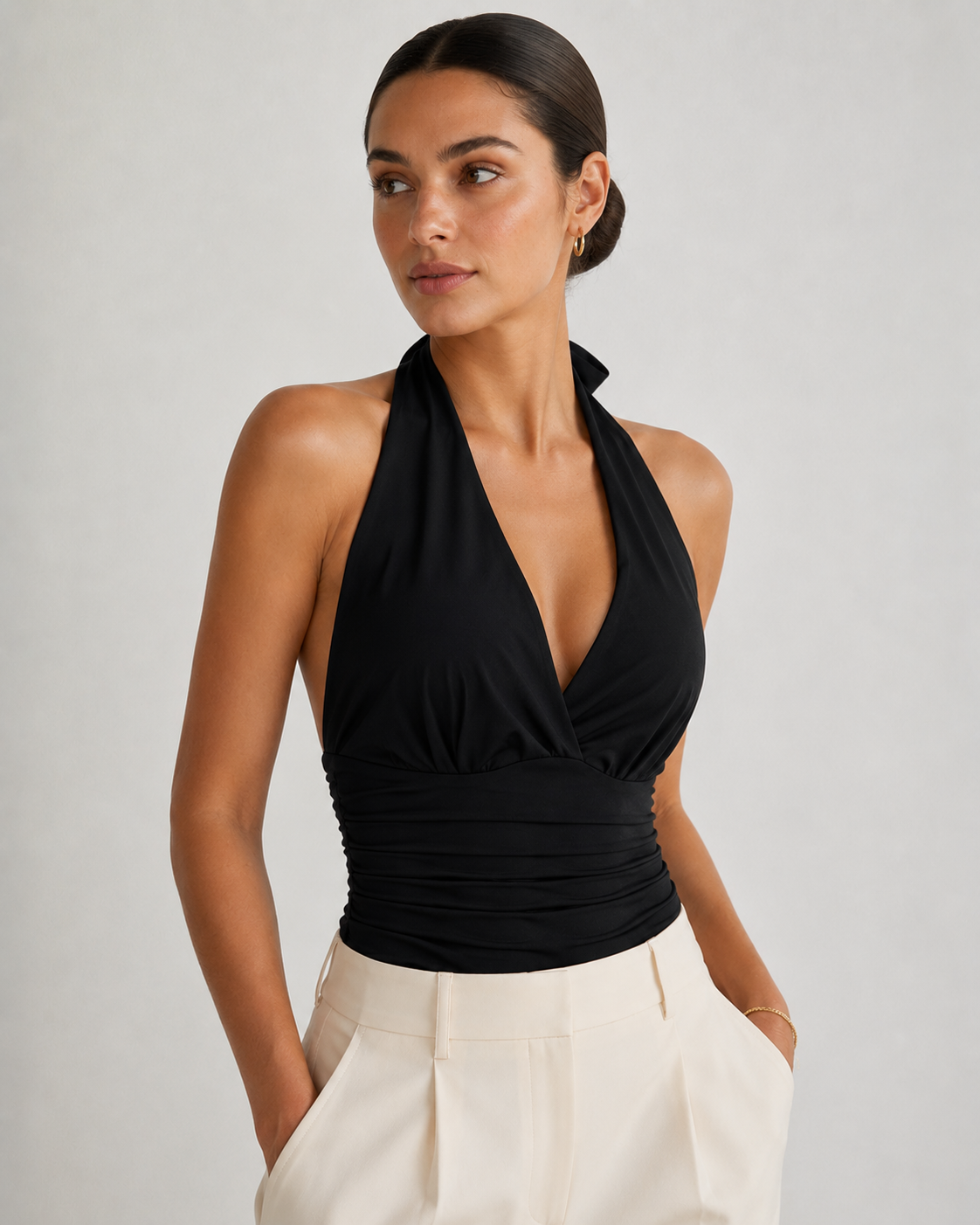 Black Halter V-Neck Ruched Backless Crop Top