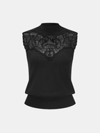 Black Lace Panel Mock Neck Fitted Top