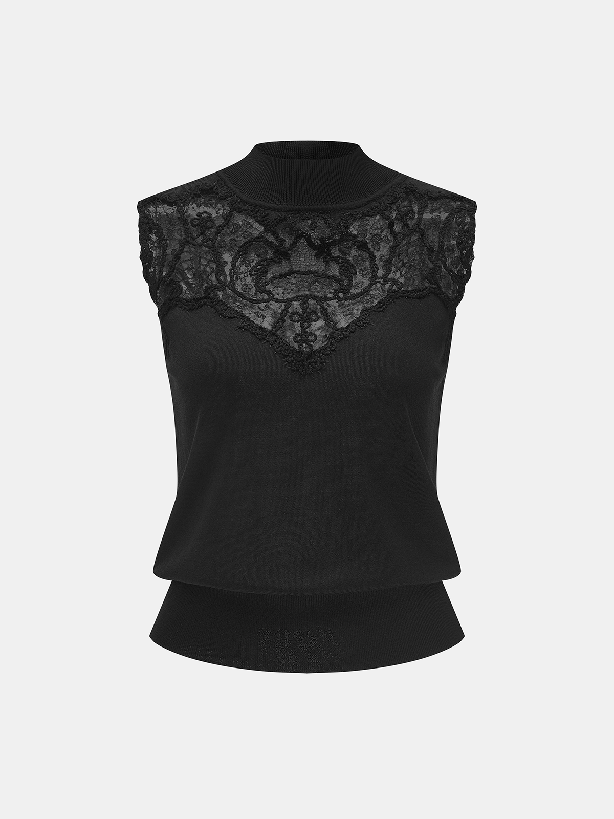 Black Lace Panel Mock Neck Fitted Top