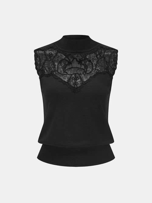 Black Lace Panel Mock Neck Fitted Top