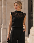 Black Lace Panel Mock Neck Fitted Top