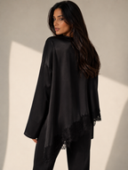 Black Lace Trim Crew Neck Long Sleeve Blouse