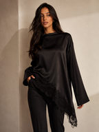 Black Lace Trim Crew Neck Long Sleeve Blouse