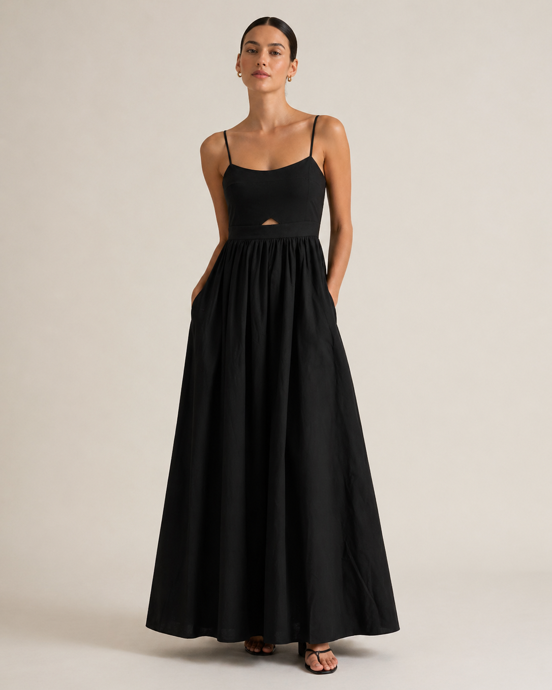 Black Heart Neck Cutout Maxi Dress with Pockets