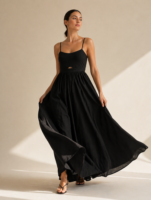 Black Heart Neck Cutout Maxi Dress with Pockets