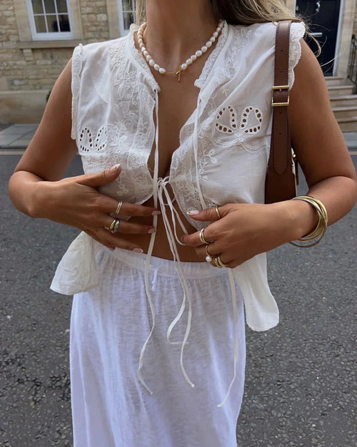 Blouse with Embroidered Lace Trim