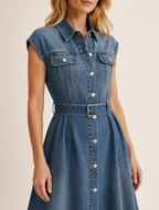 Blue Belted Denim Midi Shirt Dress