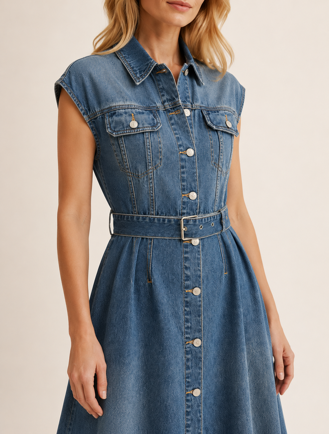 Blue Belted Denim Midi Shirt Dress