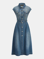 Belted Sleeveless Washed Denim Shirt Dress