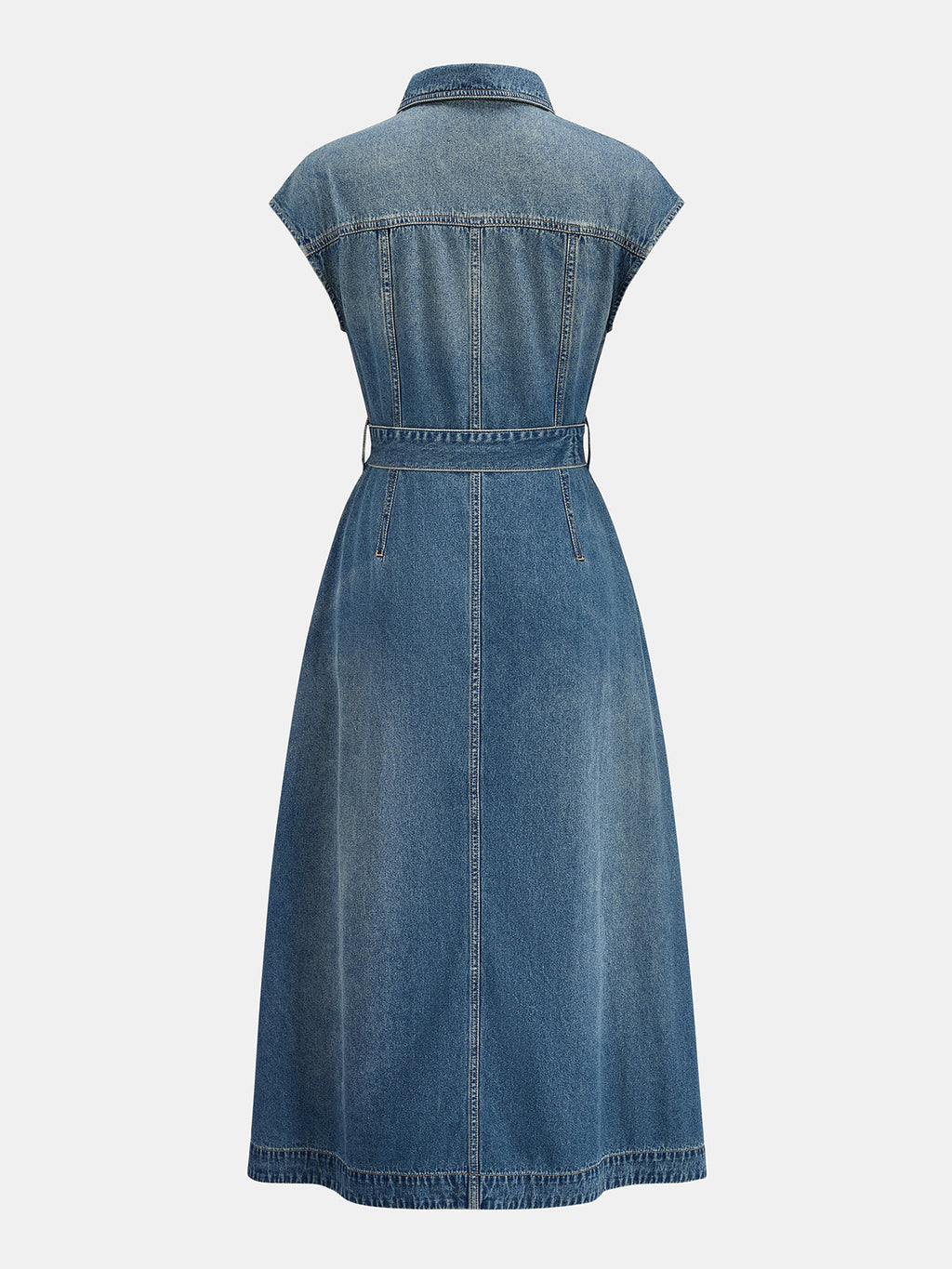 Belted Sleeveless Washed Denim Shirt Dress