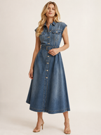 Blue Belted Denim Midi Shirt Dress