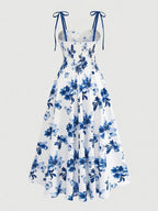 Blue Floral V-Neck Ruffle Maxi Dress