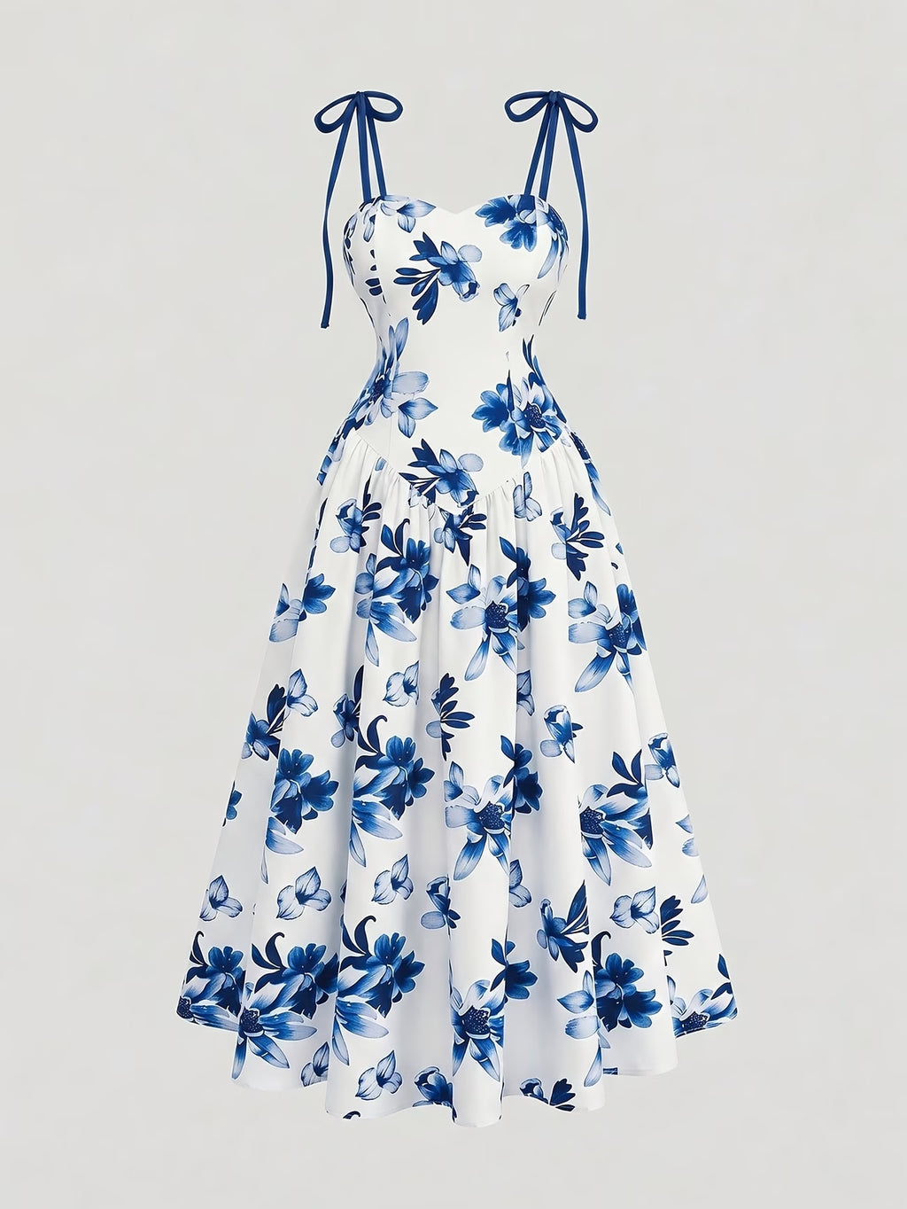 Blue Floral V-Neck Ruffle Maxi Dress