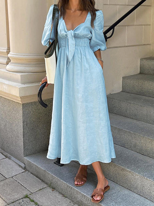 Blue V-Neck Front Tie Linen Blend Midi Dress
