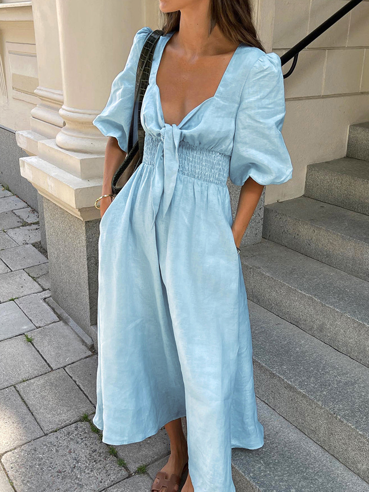 Blue V-Neck Front Tie Linen Blend Midi Dress