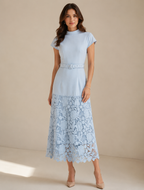 Blue Lace Trim A-Line Midi Dress