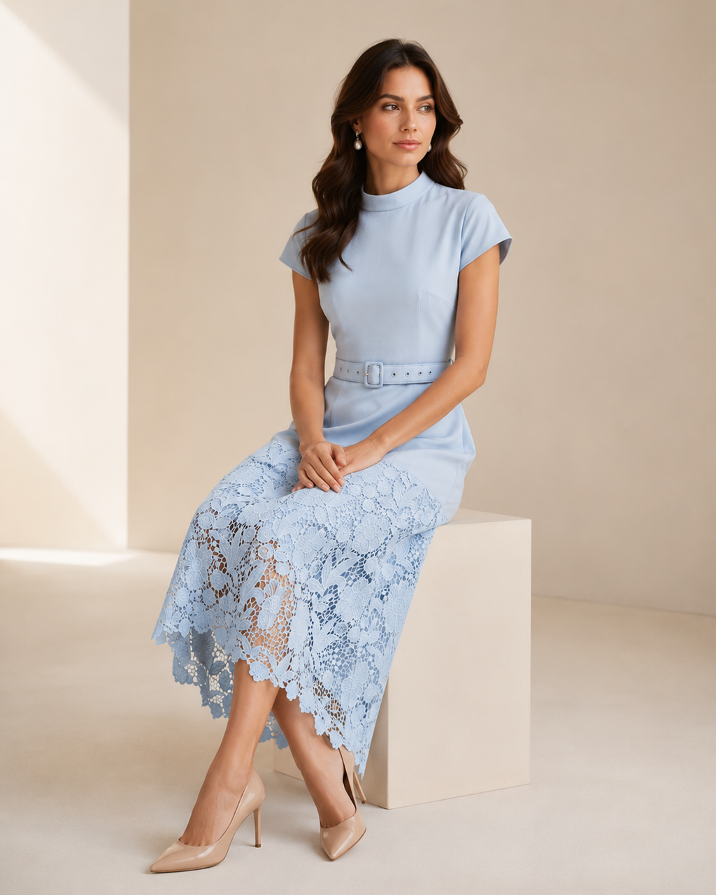Blue Lace Trim A-Line Midi Dress