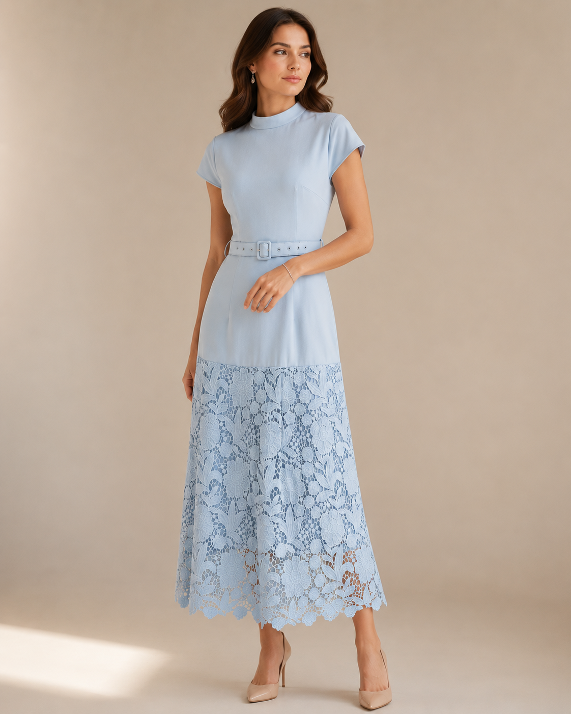 Blue Lace Trim A-Line Midi Dress