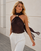 Brown Halter Neck Polka Dot Backless Metal Buckle Top