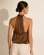 Brown Mock Neck Draped Satin Crop Top