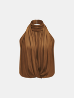 Satin Halter Draped Sleeveless Blouse