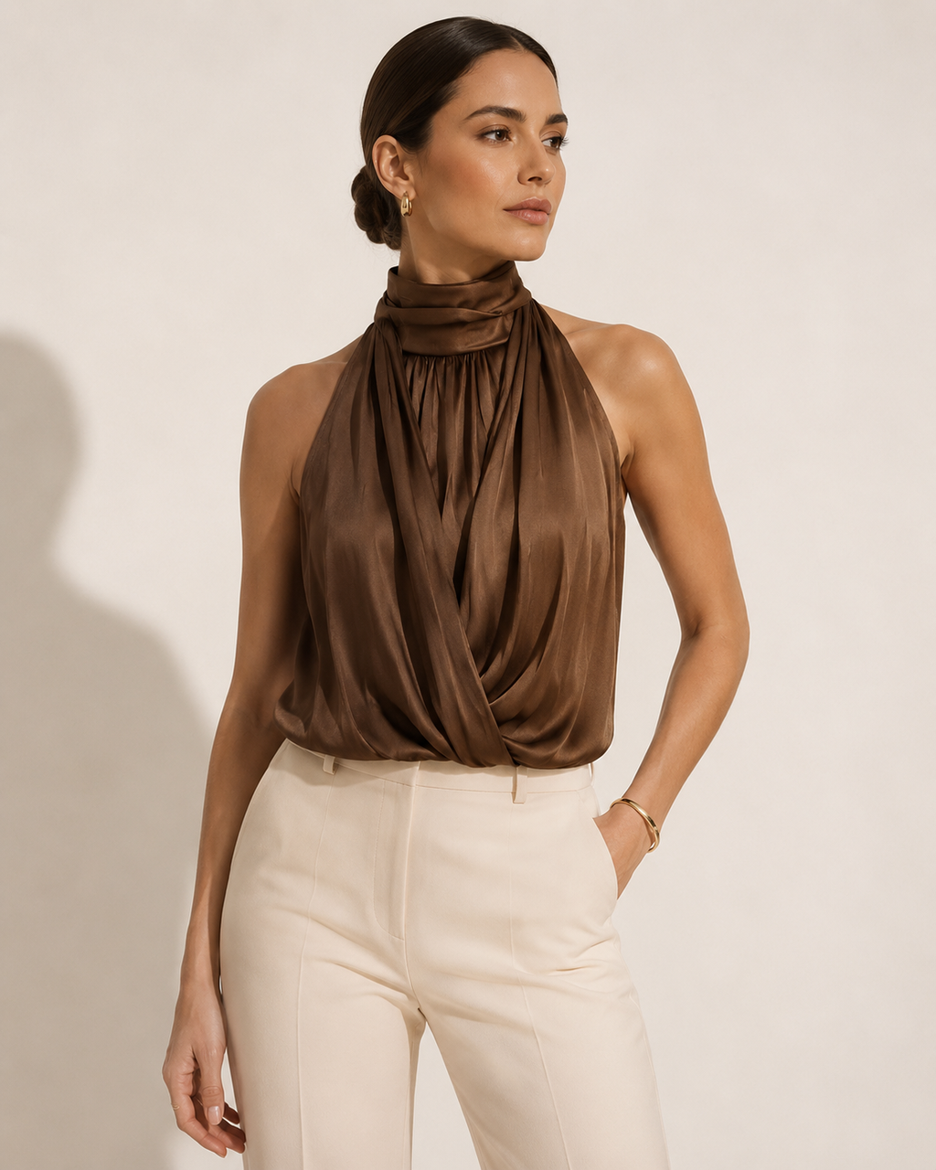 Brown Mock Neck Draped Satin Crop Top