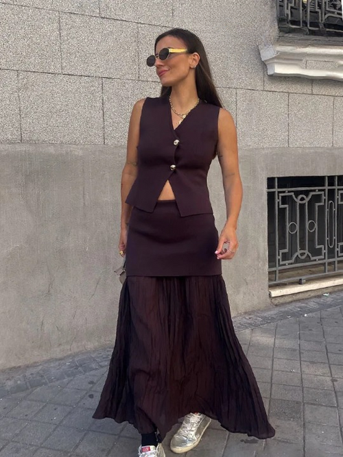 Brown Spliced Pleated Skirt and Vest Co-ord Set