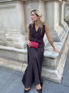 Brown Spliced Pleated Skirt and Vest Co-ord Set