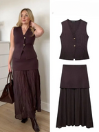 Brown Spliced Pleated Skirt and Vest Co-ord Set
