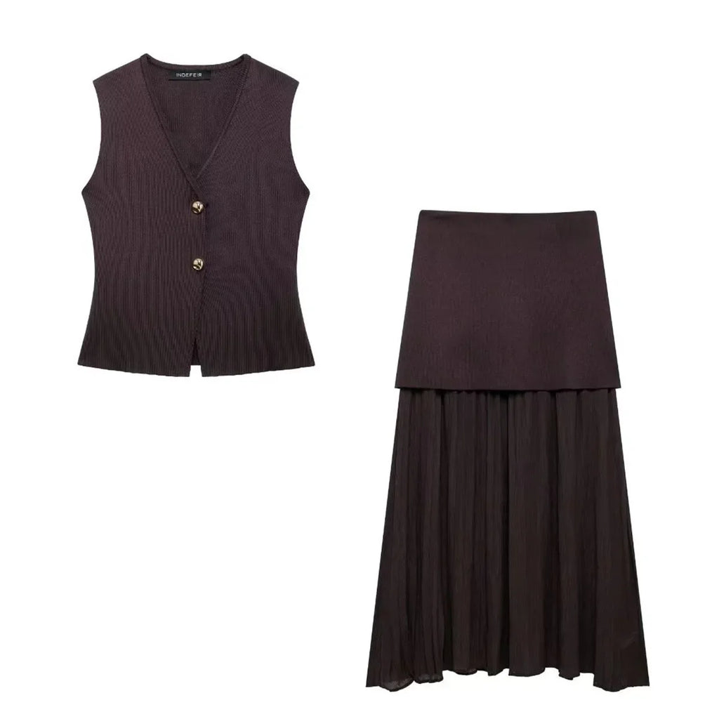 Brown Spliced Pleated Skirt and Vest Co-ord Set