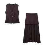 Brown Spliced Pleated Skirt and Vest Co-ord Set