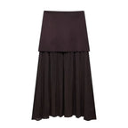 Brown Spliced Pleated Skirt and Vest Co-ord Set