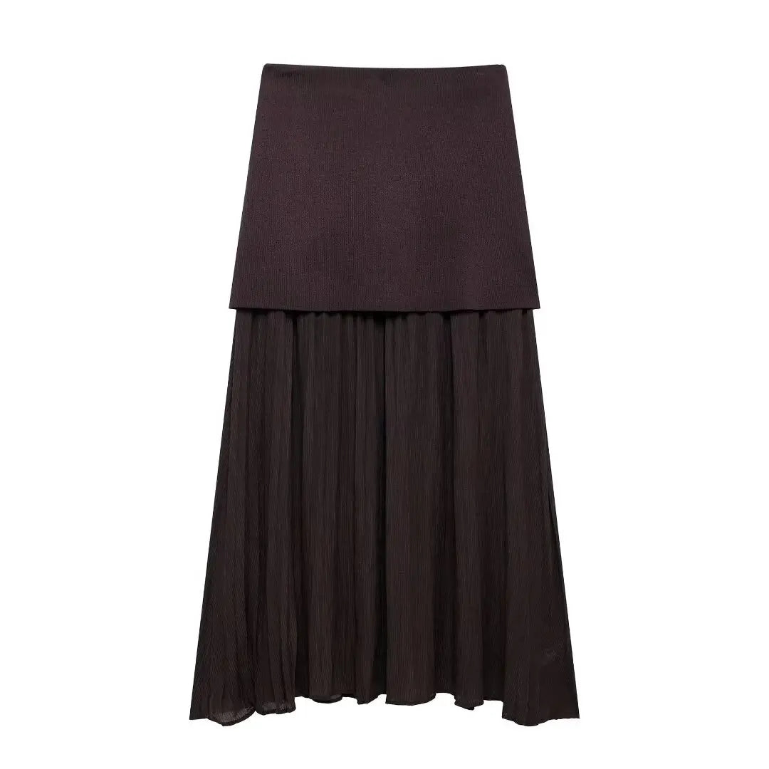 Brown Spliced Pleated Skirt and Vest Co-ord Set