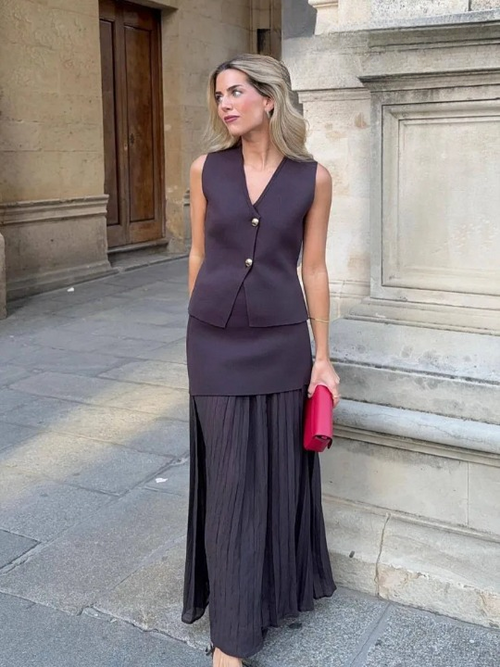 Brown Spliced Pleated Skirt and Vest Co-ord Set
