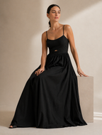 Black Heart Neck Cutout Maxi Dress with Pockets